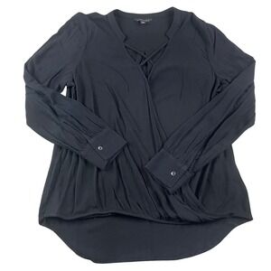 Rock & Republic Womens Large Surplice Lattice Neck Wrap Blouse Mineral Black